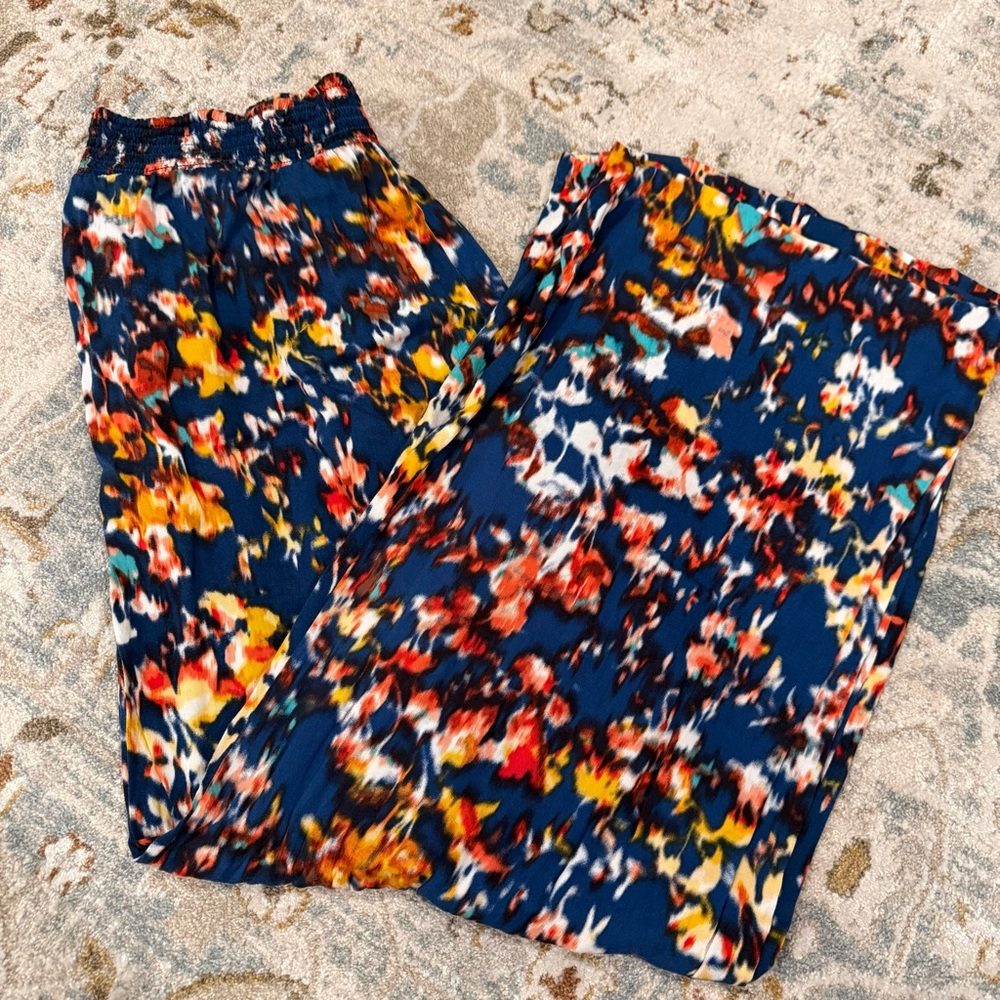 Matty M Blue Abstract Floral Watercolor Wide Leg Pants w/ Pockets Size Large